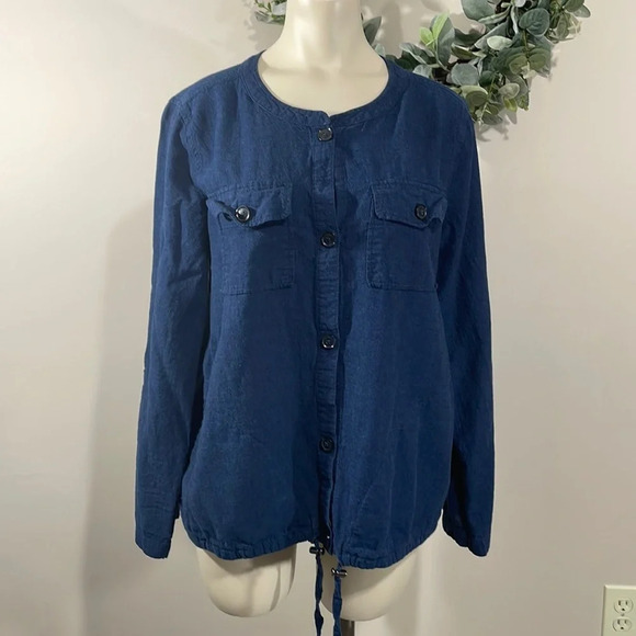 Liz Claiborne Boho Navy Linen Blend Button Front Shirt Jacket M - Picture 1 of 14